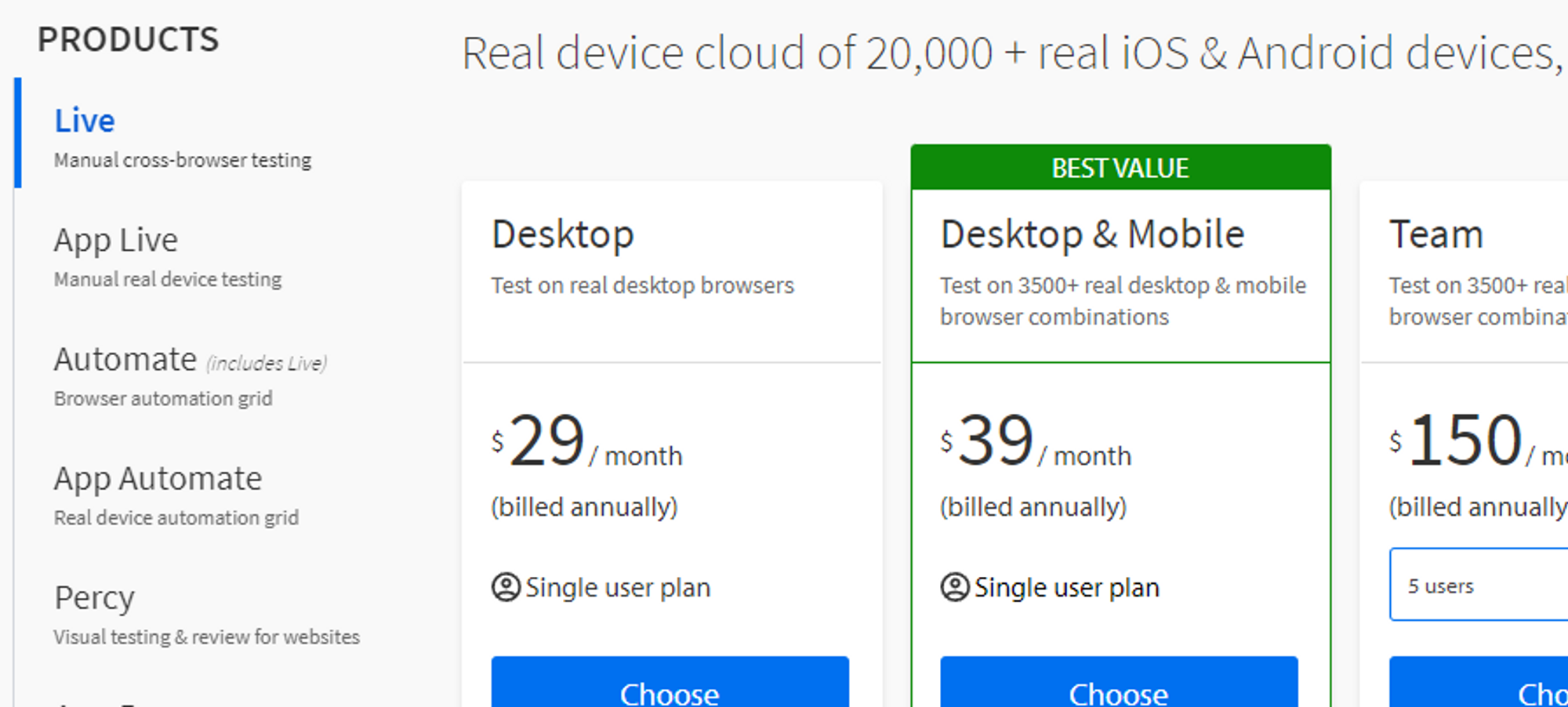 Browserstack pricing page