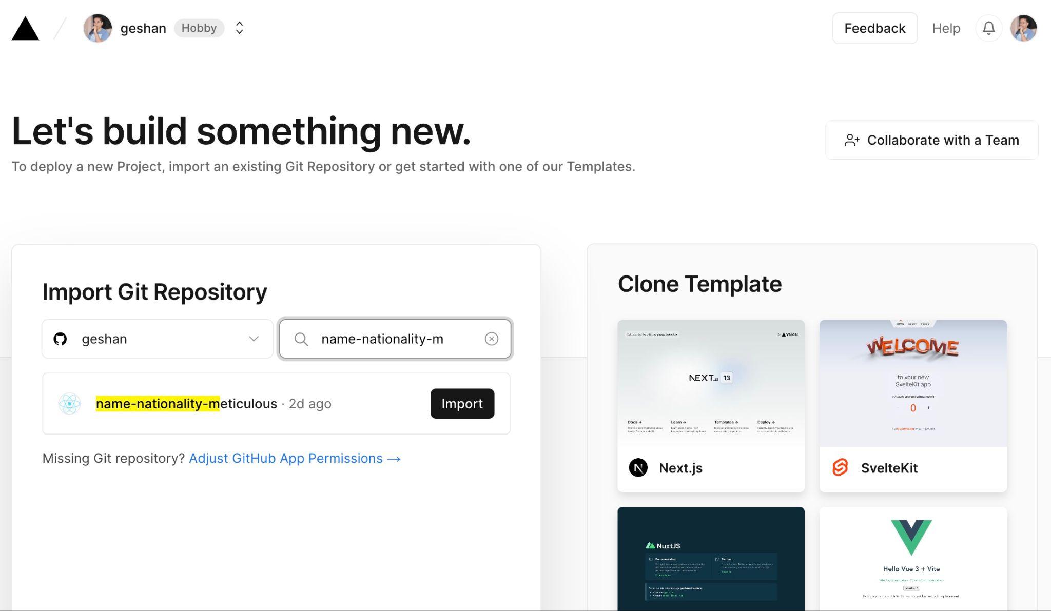 Import repository on Vercel