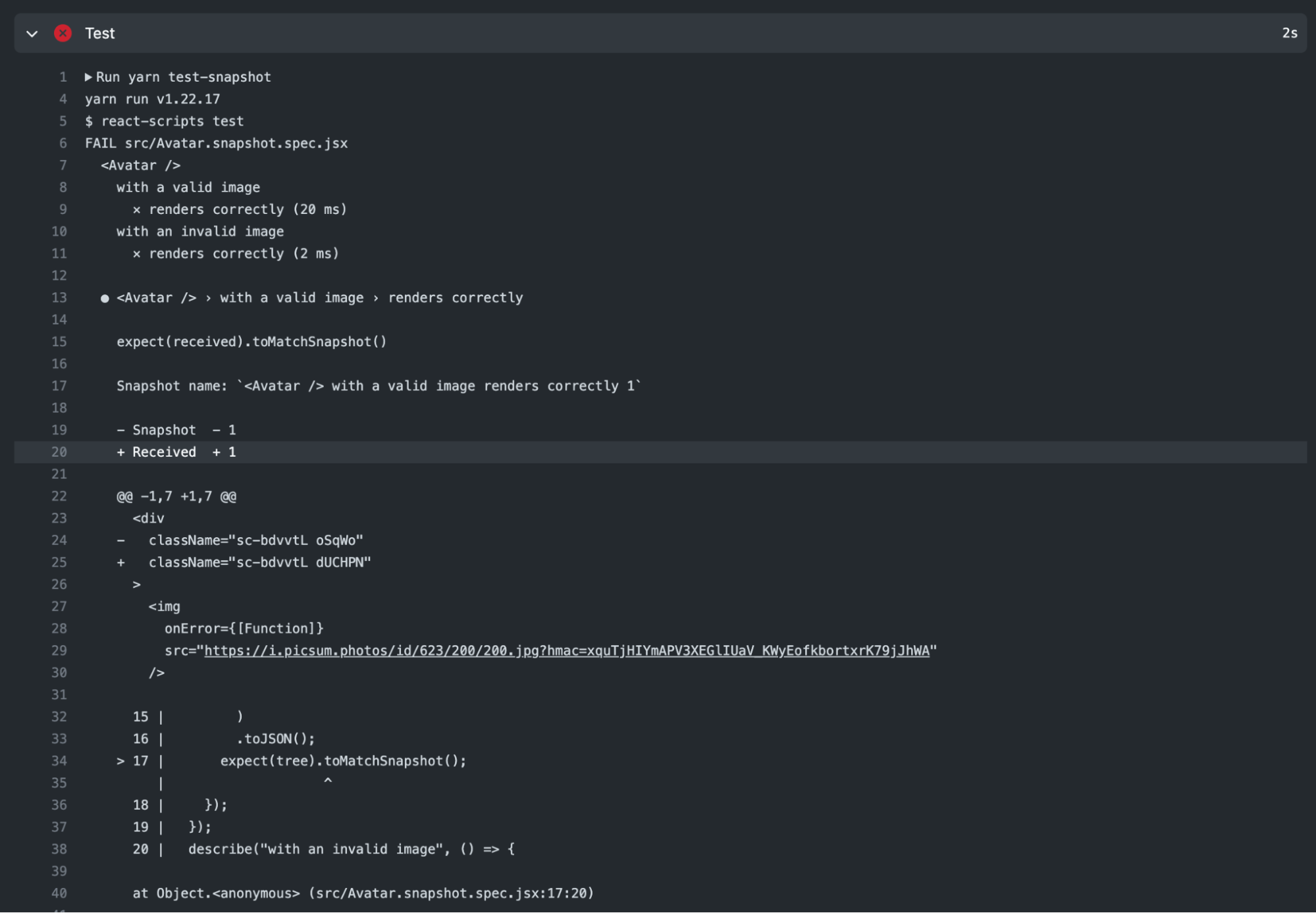 Example of a failing snapshot test