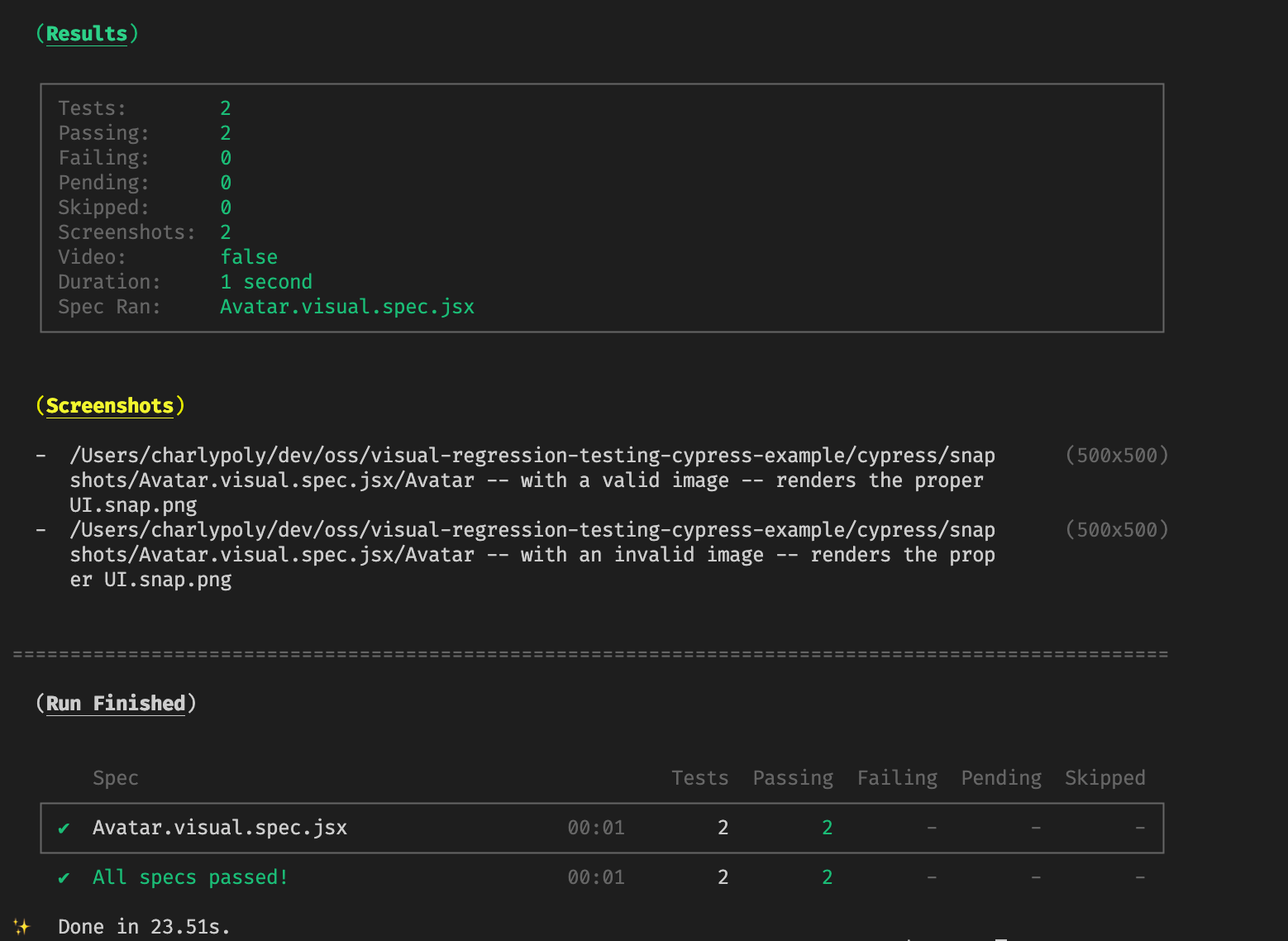 Example of screen test with the yarn test visual command
