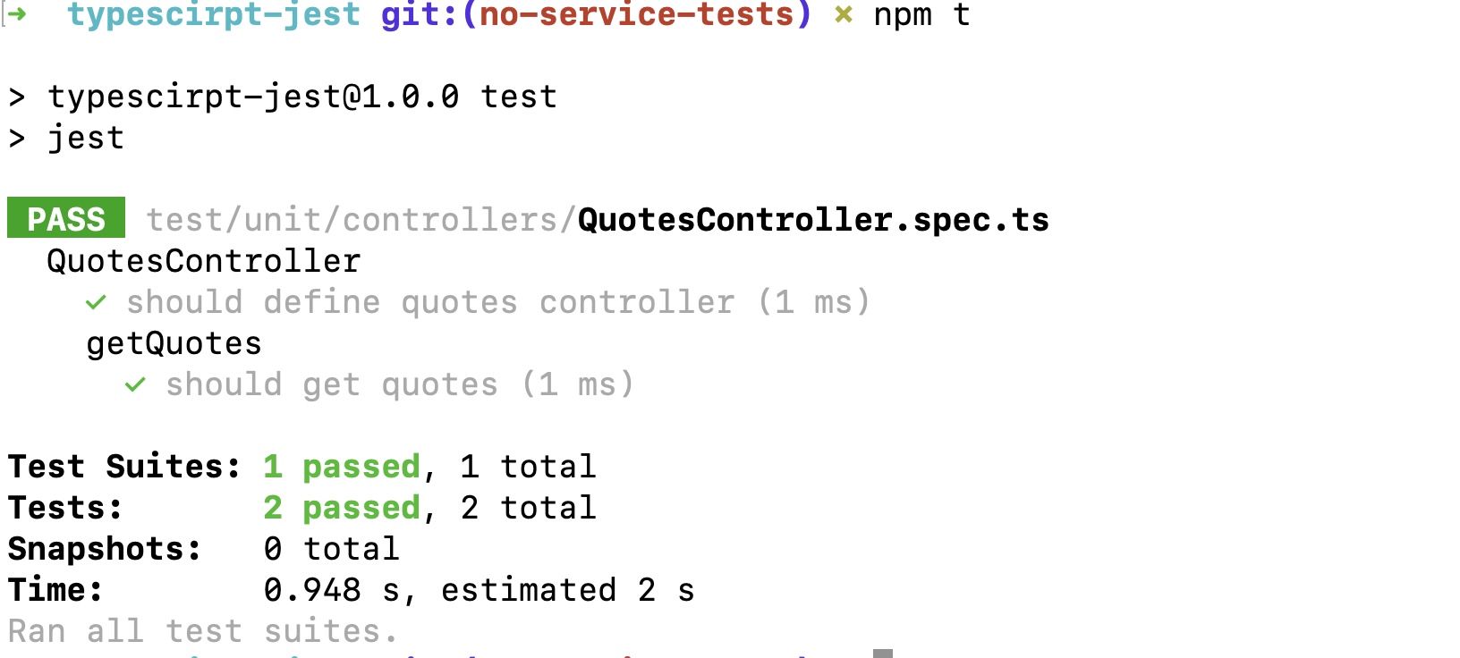 Output of running tests for the Quotes Controller using Jest
