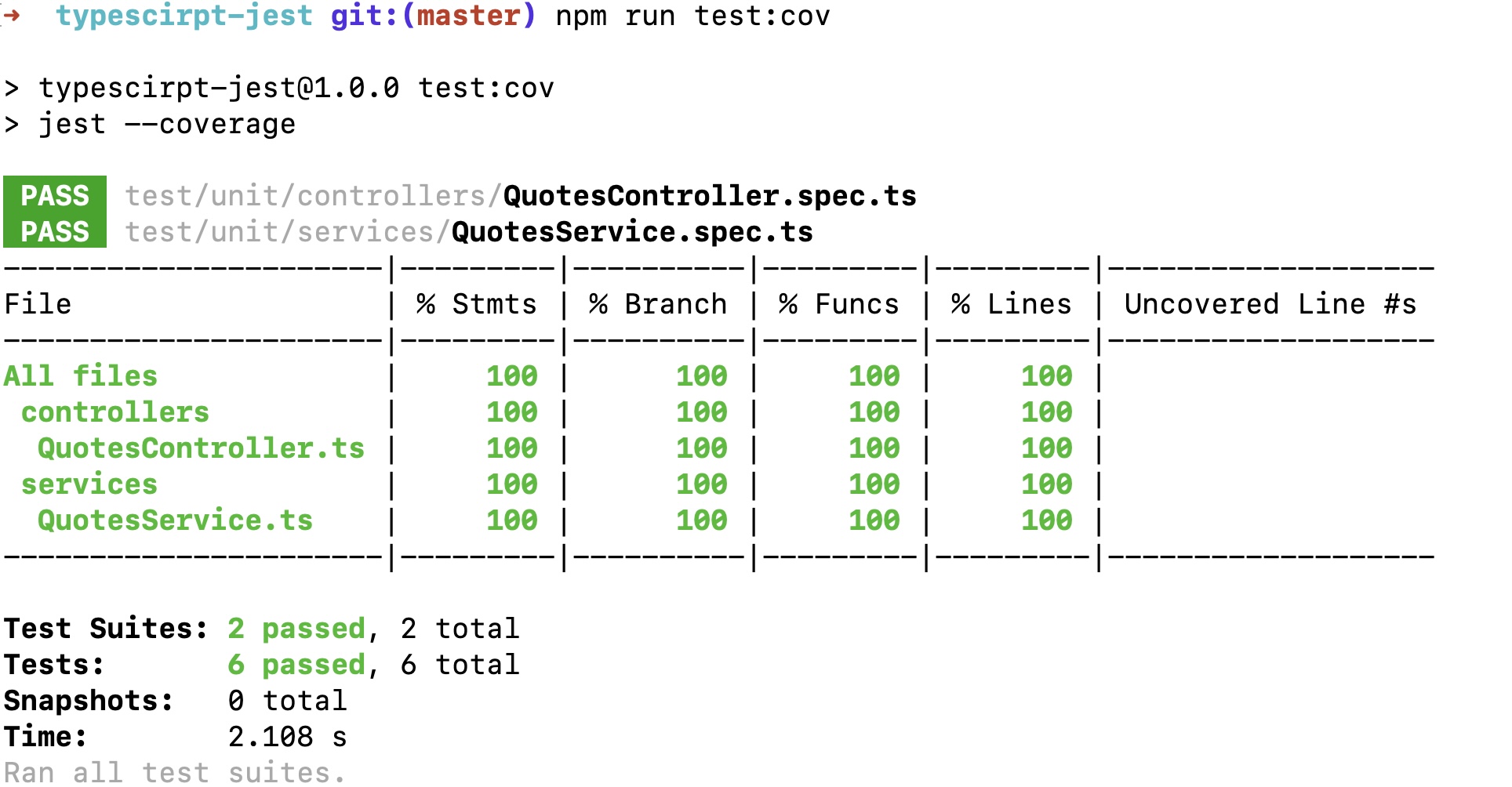 Showing test code coverage running tests with Jest for the TypeScript app