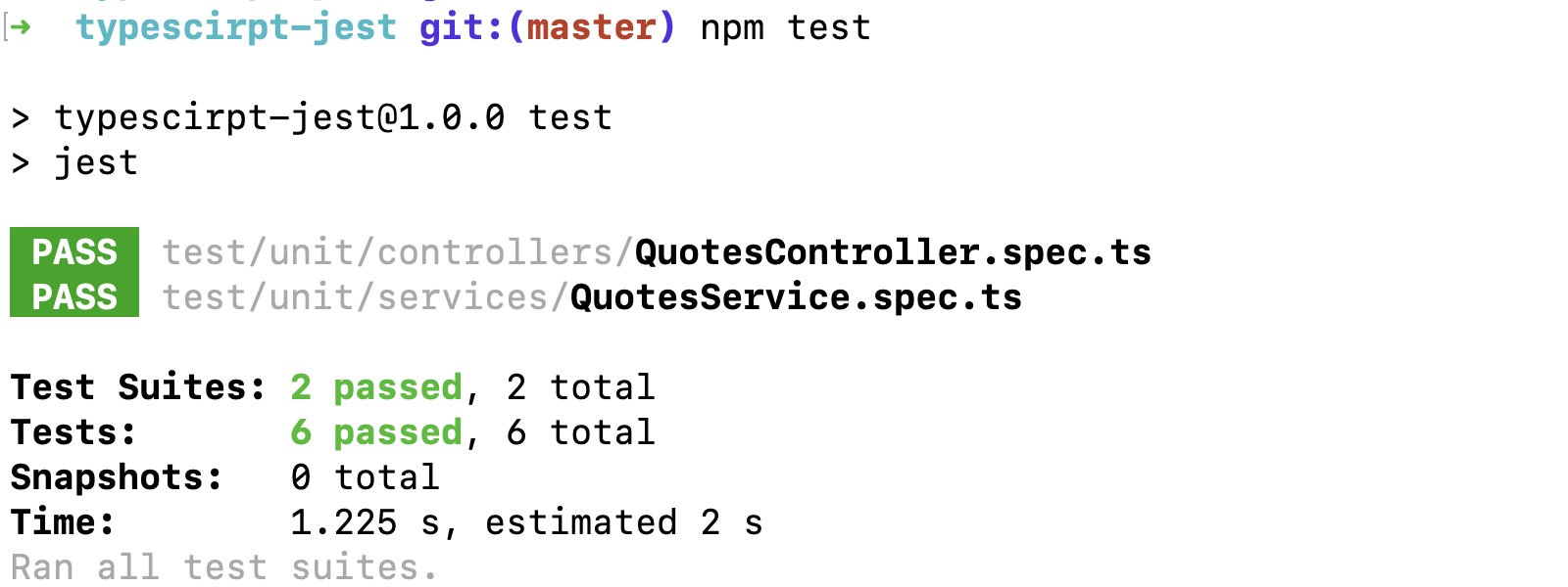 Output of running tests for both Quotes Controller and Quotes Service