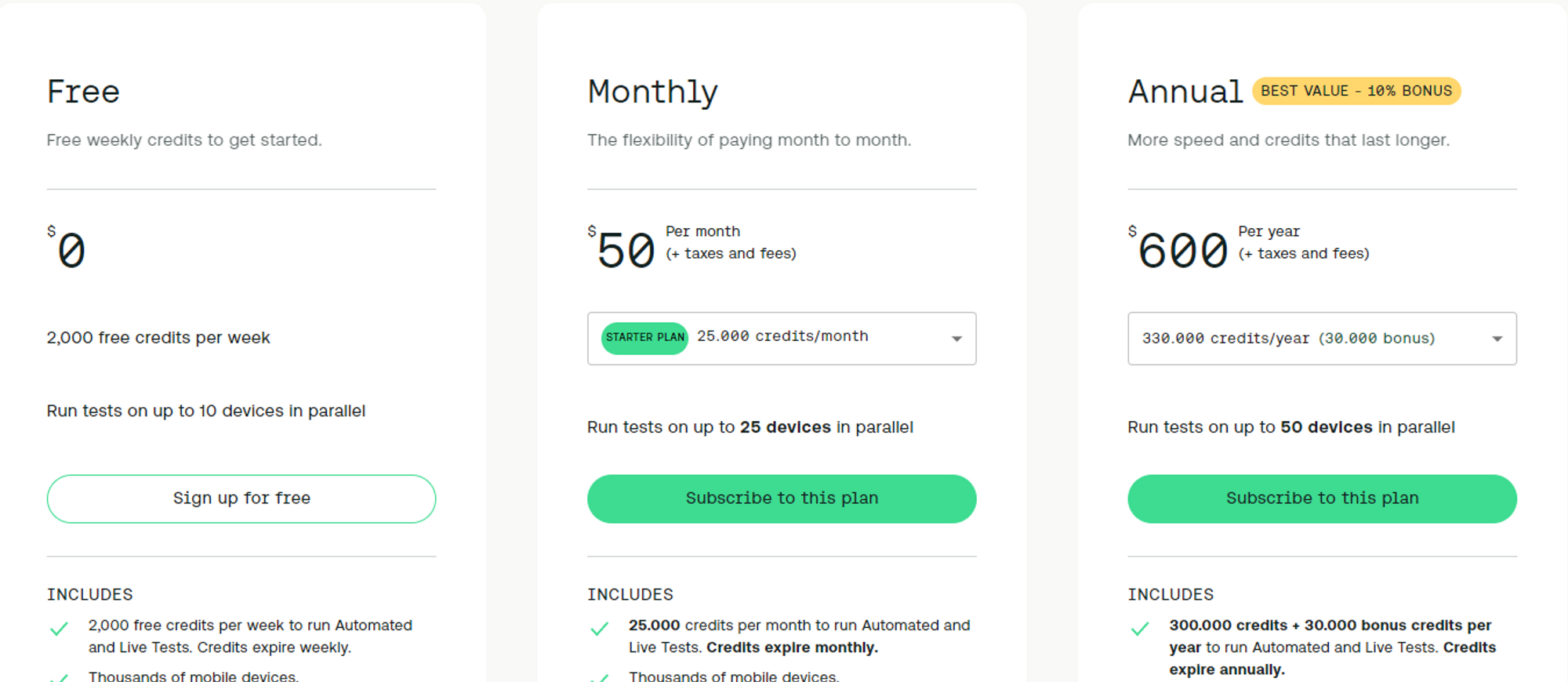 Screenshot of Sauce Labs’ pricing page