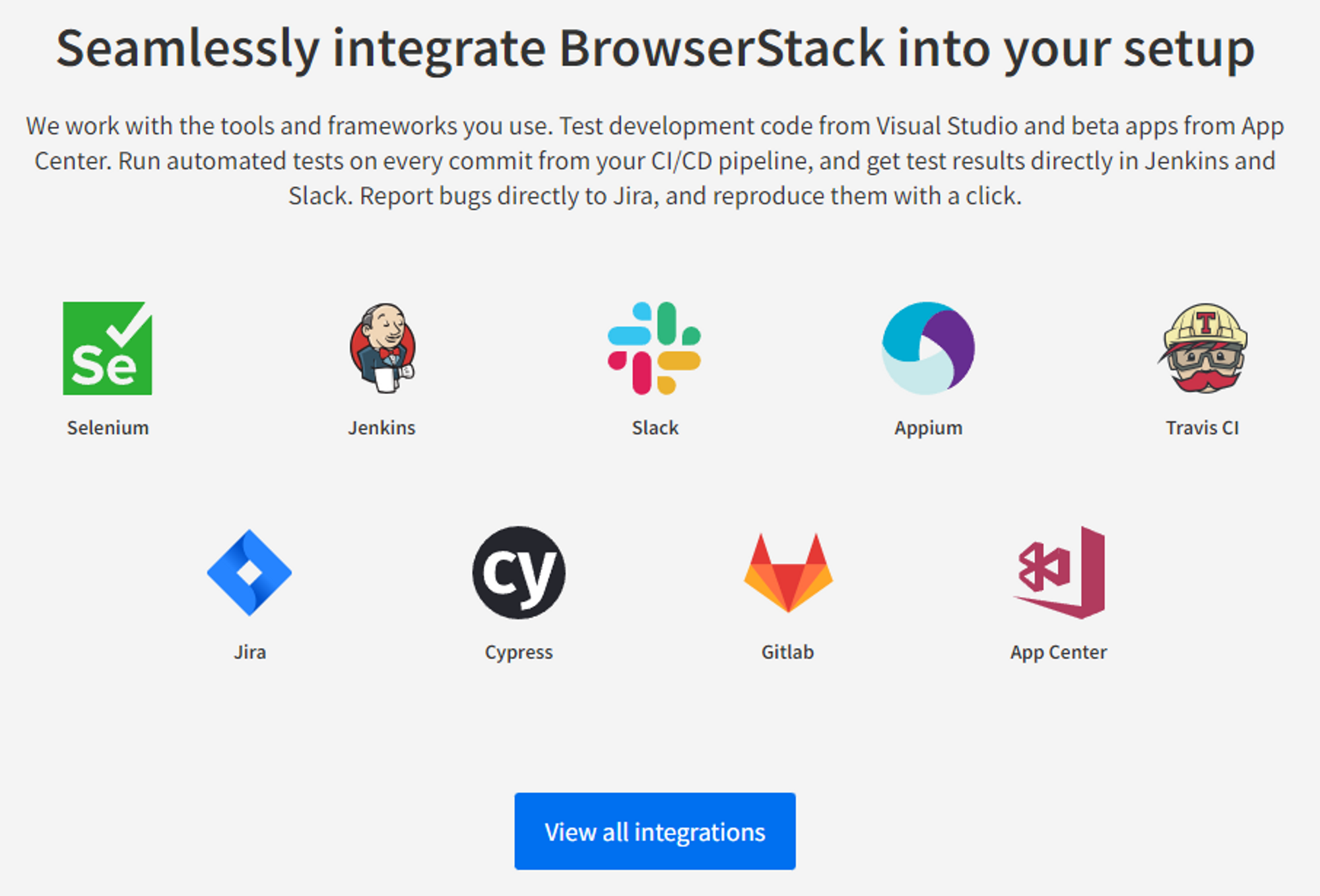 Screenshot of Browserstack’s integrations with other apps
