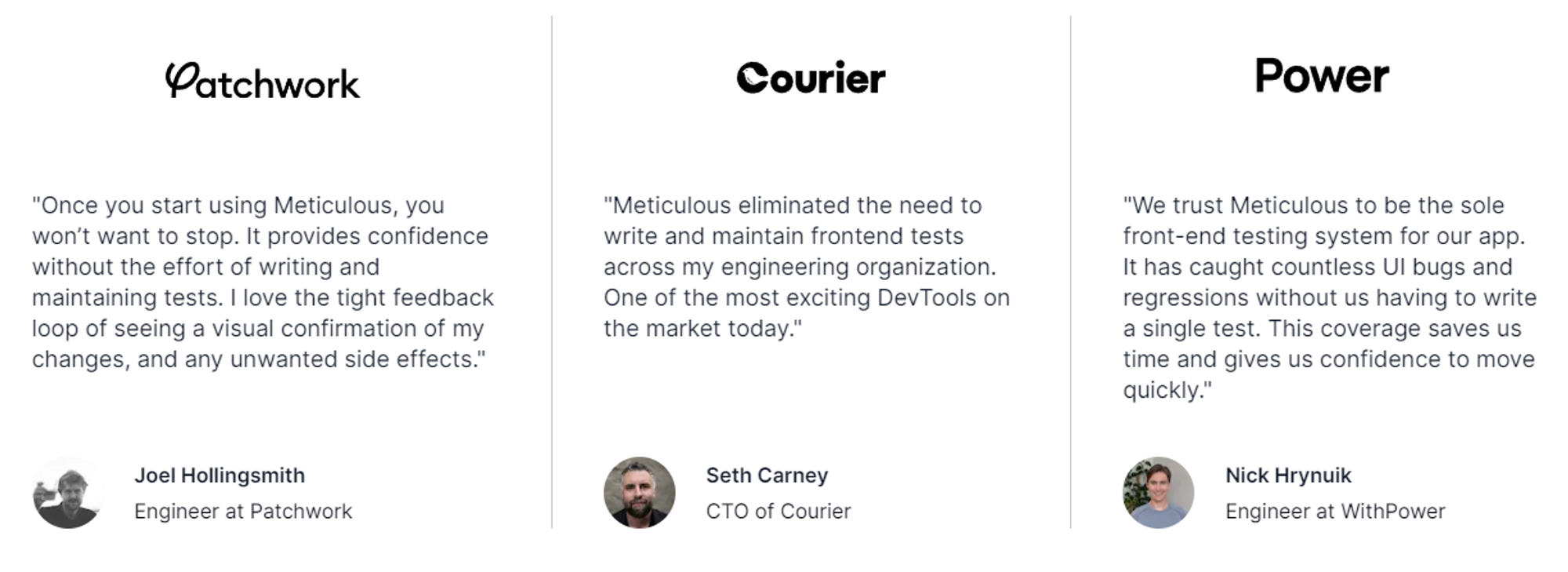 Screenshot of feedback on Meticulous from engineers and CTOs