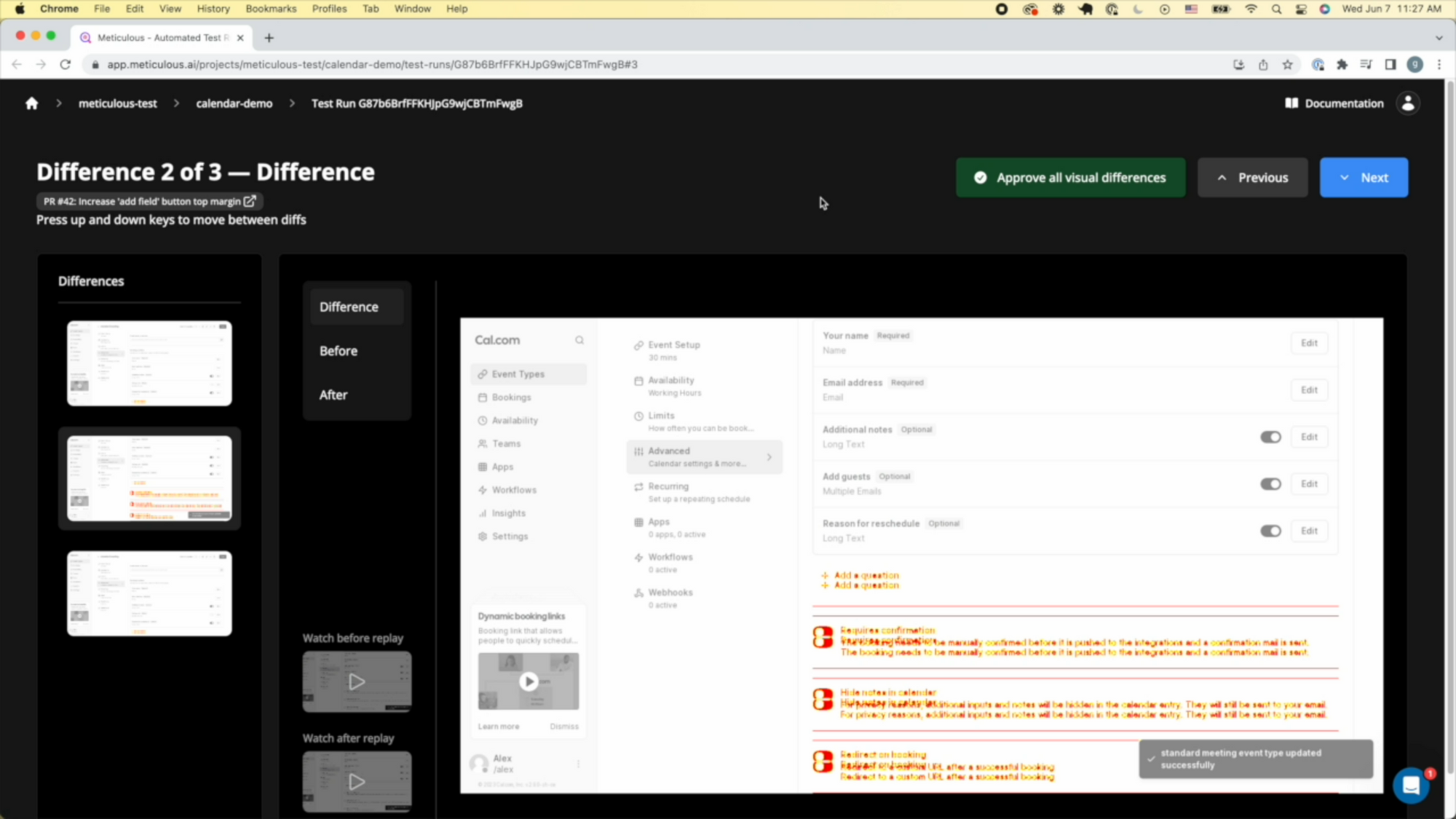 Screenshot of the Meticulous app showing visual differences